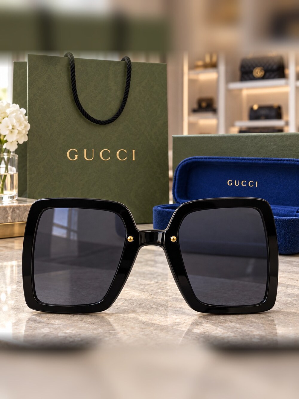 Gucci Black Gold Trim Square Sunglasses - Picture 5 of 6